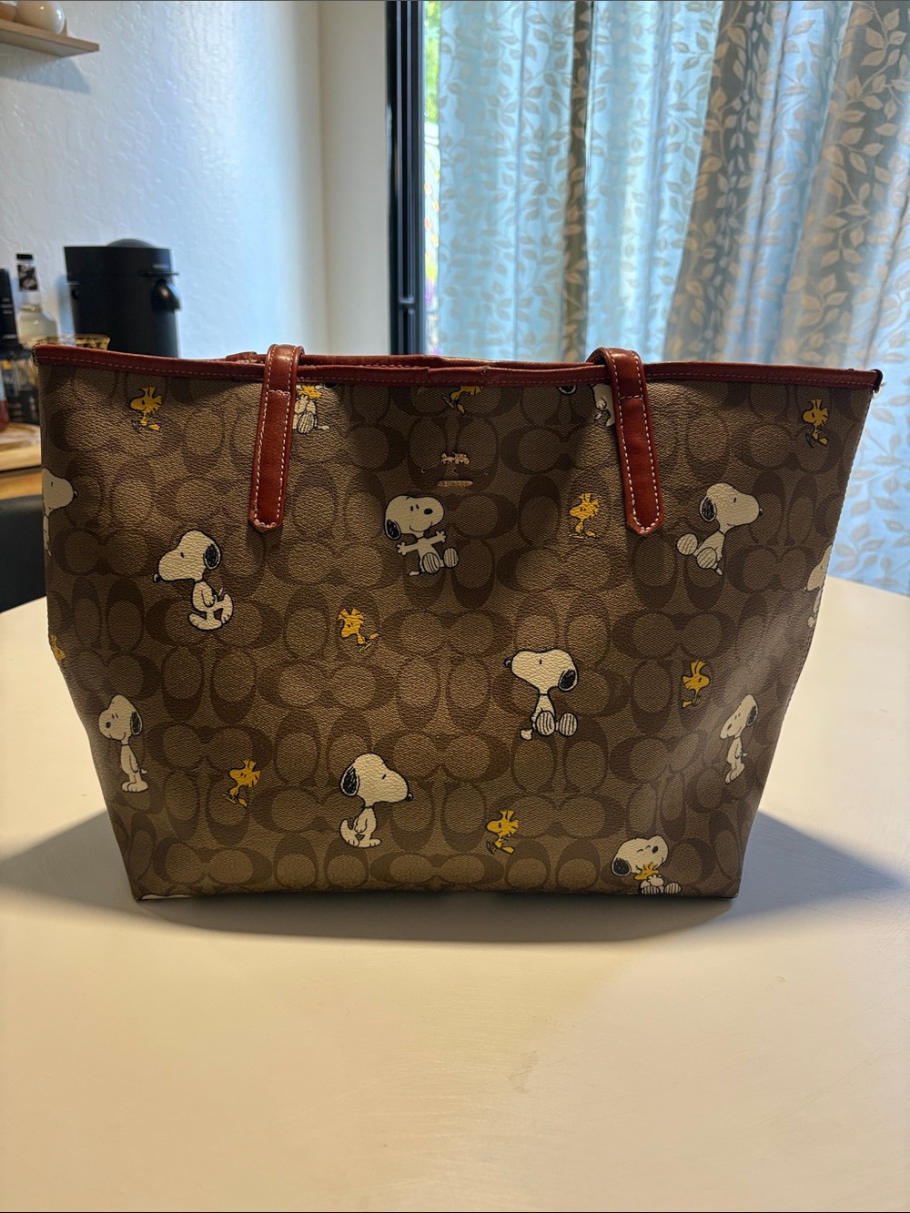 Coach Brown Signature Snoopy & Woodstock Tote with Red Trim